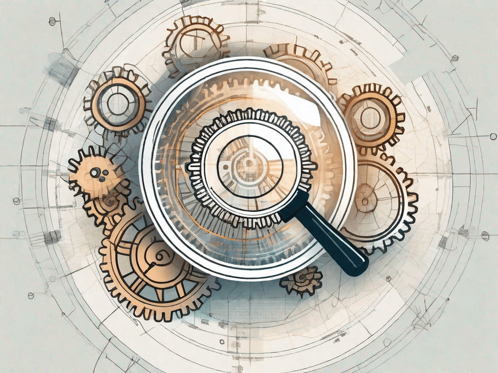 A digital interface showing a magnifying glass hovering over a series of interconnected gears